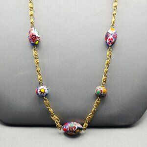 VTG Venetian Murano Millefiori Glass Beaded Station Necklace 31" Gold Plated
